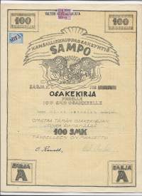 Sampo Kansalliskauppa Oy Sarja A 100 mk  Vaasa 1921 osakekirja,