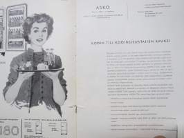 Asko 1958 nr 2, Wirkkala - rytmillistä vaneria, Kesämaja Päijänteellä - suunnittelu Arkkitehtuuritoimisto Unto Ojonen, Olli Borg pöytälevyidea vaihdettavia kankaita
