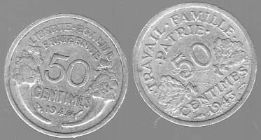 Ranska - 50 centimes 1943 ja 1944 kolikko.