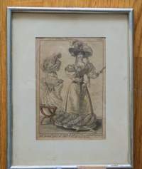 Costume Parisien käsin väritetty litografia muotikuva 1827, grafiikka , 28x22 cm kehystetty