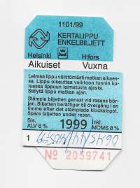 HKL Ketalippu  1999  Aikuiset  matkalippu, linja-autolippu