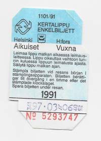HKL Ketalippu  1991  Aikuiset  matkalippu, linja-autolippu