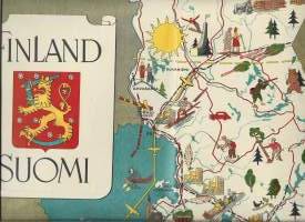 Finland Suomi kuvitettu kartta , kuvat piirtänyt Aarne Nopsanen, Kivi Oy 1949  koko84x47 cm