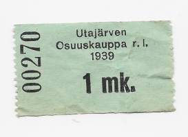 Utajärven Osuuskauppa  1 mk  1938-39  -   vastamerkki, tilapäinen maksuväline