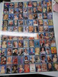 Marilyn Monroe -keräilykorttiarkki / juliste v. 1985, leikkaamaton, julisteessa yhteensä 100 keräilykuvaa, kaikki keskenään erilaisia.