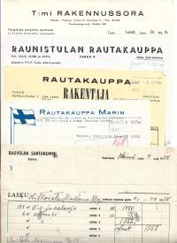 Turkulaisia sora- ja rakennusalan liikkeitä 1930-50 l  - firmalomake 5 kpl erä