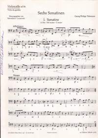 Sello-/pianonuotit - Telemann -  Sechs Sonatinen Violine und Piano, Violoncello ad lib. Erilliset sello- ja viulunuotit mukana. Katso sisältö kuvista.