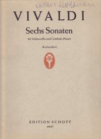 Sello-/pianonuotit - Vivaldi-  Sechs Sonaten  für Violoncello und Cembalo/Piano. Erilliset sellonuotit mukana. Katso sisältö kuvista.