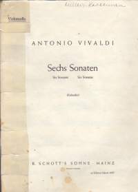 Sello-/pianonuotit - Vivaldi-  Sechs Sonaten  für Violoncello und Cembalo/Piano. Erilliset sellonuotit mukana. Katso sisältö kuvista.