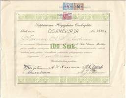 Leppävirran  Höyrylaiva Oy ,  100 mk  osakekirja,    Leppävirta15.11.1920