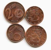 1 ja 2  Euro cent Suomi vuosilta 2006  ja 2007  yht 4 kolikkoa