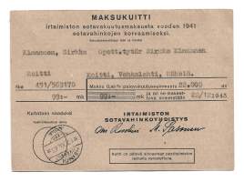 Irtaimiston Sotavahinkoyhdistys  - Maksukuitti vuoden 1941 sotavahinkojen korvaamiseksi 1943