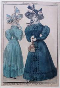Costume Parisien käsin väritetty litografia muotikuva 1827, grafiikka , 28x22 cm kehystetty