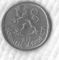 Suomi 1 mk 1966 Hopeaa / silver 6.4 g (350/1000)