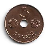 5 penniä  1942 Cu sota-ajan kolikko