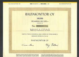 Rautakonttori Oy, 10x1000 mk , osakekirja, Helsinki  25.6.1951  makuleras