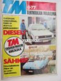 Tekniikan Maailma 1977 nr 8. Tm koeajaa/ esittelee: VW Golf LD, Aston Matin, Fiat 132, sähköauto Pilcar, Mitsubitshi Celeste, MV Agusta 350 S. Finnjet Flying