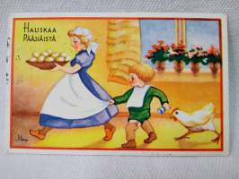 pääsiäiskortti Tyttö ja munakori, pikkulapsi ja kana