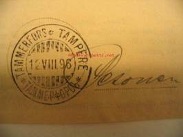 Kirjattu kirje lähetyskuitti 12.8.1896 Tampere