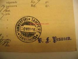 Kirjattu kirje lähetyskuitti 20.8.1896 Tampere