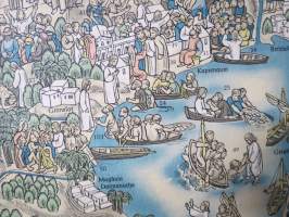 Der Lebensweg Jesu, Bildkarte -Jeesuksen elämänkulku kartalle sijoitettuna (nykyisen Israelin alueella), saksalainen seinäkartta / opetuskartta