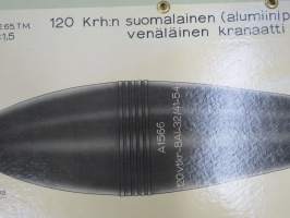 120 Krh:n suomalainen (alumiinipyrstöinen) ja venäläinen kranaatti -SA opetustaulu, tukevaa kartonkia, käytetty varusmieskoulutuksessa
