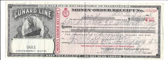 CUNARD STEAM SHIP COMPANY  Money order recept 1928