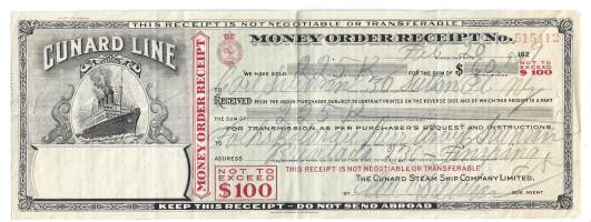 CUNARD STEAM SHIP COMPANY  Money order recept 1929