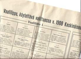 Vaalilippu käytettävä v 1908 Keskinäisen Henkivakuutusyhtiön Suomen vakuutuksenottajien edustajoa