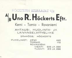Uno R Höckerts Eftr Kemi Tornio Rovaniemi   1940  - firmalomake
