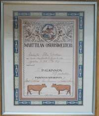 Marttilan Osuusmeijeri I palkinto maidon hoitokilpailu 1929  sign Lyden 1925  kehystetty 37x30 cm