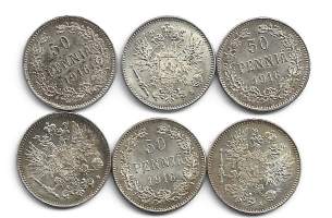 Tsaarin hopeaa 50  pennisiä 1916  6  kpl erä