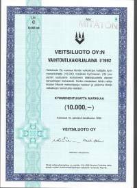 Veitsiluoto Oy, vaihtovelkakirjalaina 10 000 mk, Kemi 15.6.1992