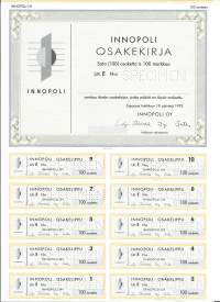 Innopoli Oy, 100x 100 mk  osakekirja, Espoo 19.4.1993