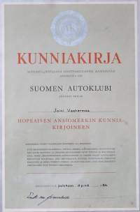 Suomen Autoklubi hopienen ansiomitali kunniakirja   - kehystetty 43x33 cm  alkuperäinen allekirjoitus Erik von Fremckell