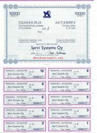 Servi Systems Oy , Litt J    10 000x 10 mk  osakekirja, Helsinki 25.10.1989