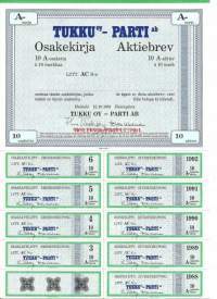Tukku-Parti  Oy , Litt AC 10 x 10 mk  osakekirja, Helsinki 12.10.1988