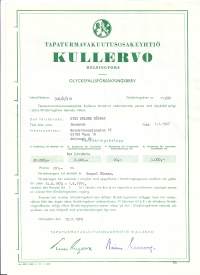 Tapaturma Vakuutusosakeyhtiö  Kullervo - vakuutuskirja   Helsinki 1974