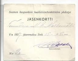Suomen kaupunkien huoltotoimihenkilöiden yhdistys - jäsenkortti 1937