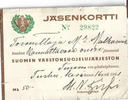 Suomen  Väestönsuojelujärjestö  jäsenkortti 1941