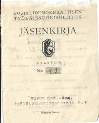 Sosiaalidemokraattisen Työläisnuorisojärjestö Jäsenkortti  1928