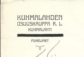 Kuhmalahden  Osuuskauppa rl Kuhmalahti 1921 - firmalomake