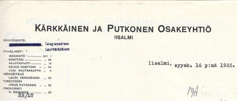 Kärkkäinen ja Putkonen Oy Iisalmi 1922 - firmalomake