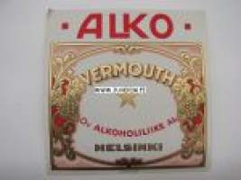 Alko Vermouth -viinaetiketti 1930-luvulta (3 tähteä, punainen)