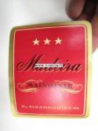 Alko Madeira finest old Malvoisie -viinaetiketti 1930-luvulta ( punainen, kolme tähteä)