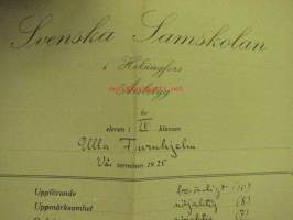 Svenska Samskolan i Helsingfors Ulla Furuhjelm Årsbetyg 1925 -lukuvuositodistus