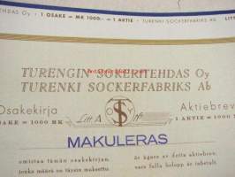 Turengin Sokeritehdas Oy, Turenki 1943, 10 000 mk -osakekirja