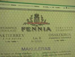 Fennia Vakuutusosakeyhtiö, Helsinki 1943, 10 000 mk -osakekirja
