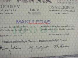 Fennia Vakuutusosakeyhtiö, Helsinki 1943, 10 000 mk -osakekirja