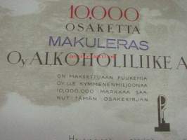 Puukemia Oy / Oy Alkoholiliike Ab, Helsinki 1945, 10 000 osaketta, 10 000 000 mk -osakekirja